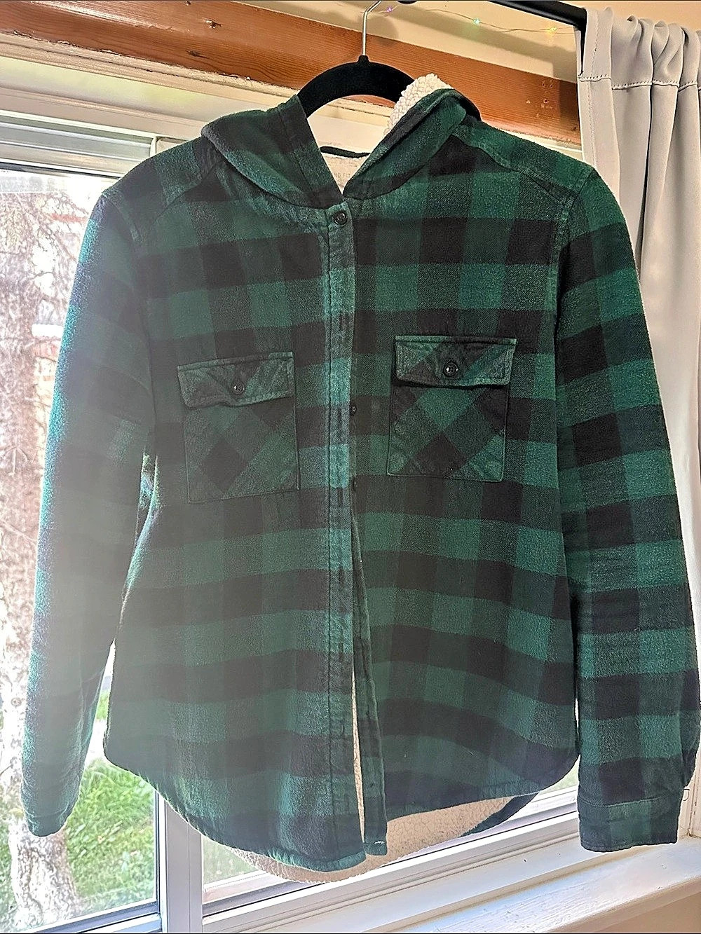 Bluenotes Boyfriend Fit Plaid Hooded Jacket Green & Black Size Large